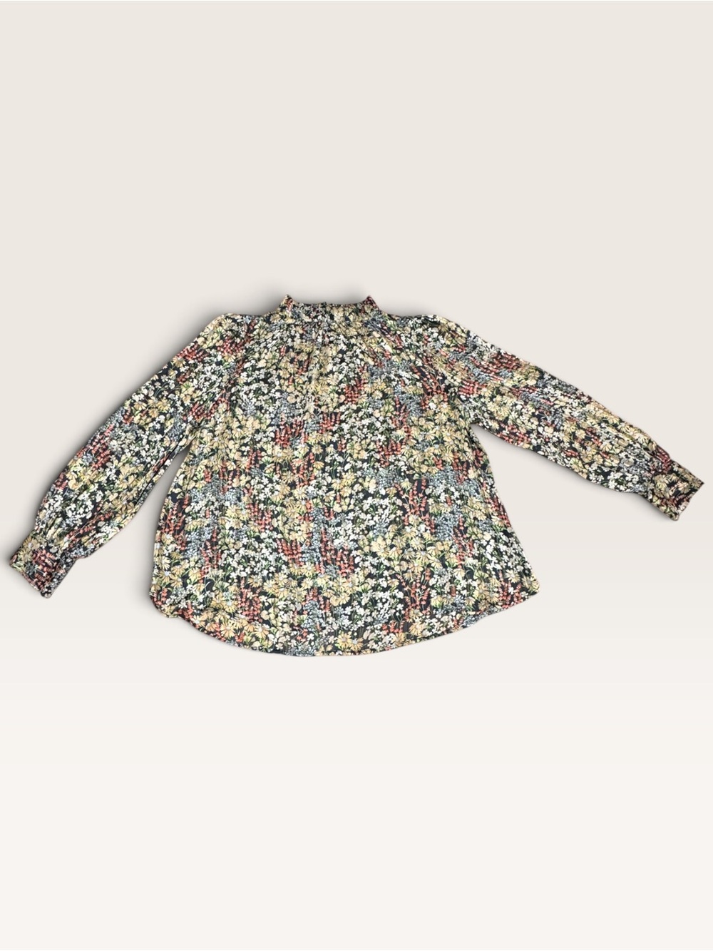 H&M Floral Chiffon Mock Neck Blouse Long Sleeve Gold Button Size L